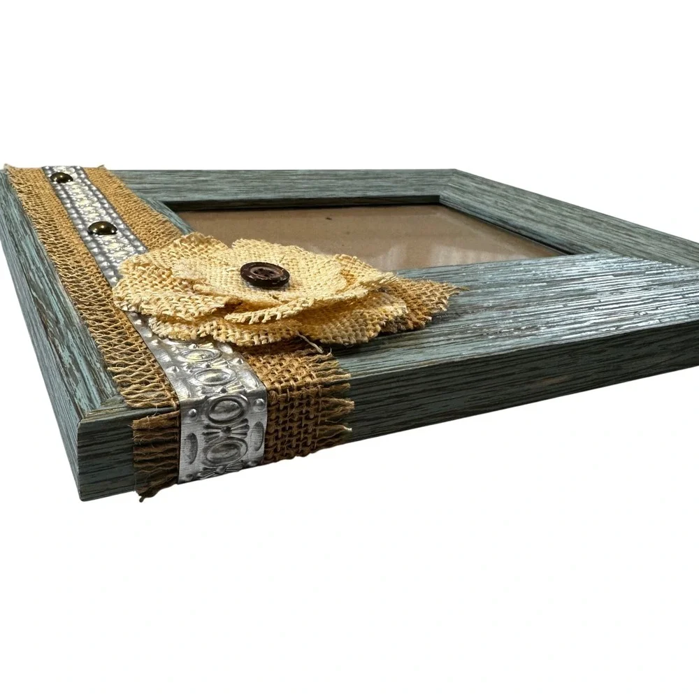 Farmhouse Aqua Distressed Wood Picture Frame 5x7 Photo Shabby Chic Burlap Floral